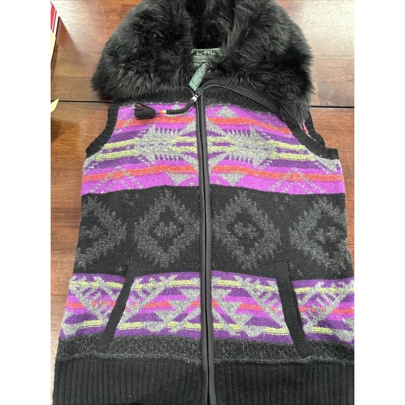 Ralph Lauren Active lambs wool vest women PmSouthwest fair‎ aisle Fur Trim aztec - Picture 1 of 7